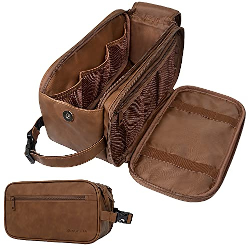 Pavilia, borsa da toilette da uomo, borsa da viaggio per articoli da toeletta | kit dopp impermeabile, borsa da barba in pelle PU per accessori da toeletta, toelettatura, igiene, cosmetici (marrone)