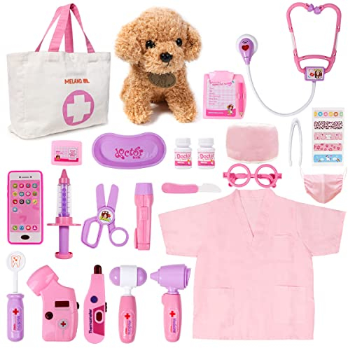 MELAND Doctors Set for Kids, Toddler Pet Vet Set with Doctor Costume, Dog Doll, Doctor Pretend Role Play Toys for 3 4 5 6 Year Old Girls Boys Birthday