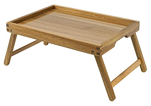 VaeFae Tavolino da letto in acacia, vassoio in legno con gambe pieghevoli, vassoio per mangiare e laptop, vassoi per mangiare per camera da letto