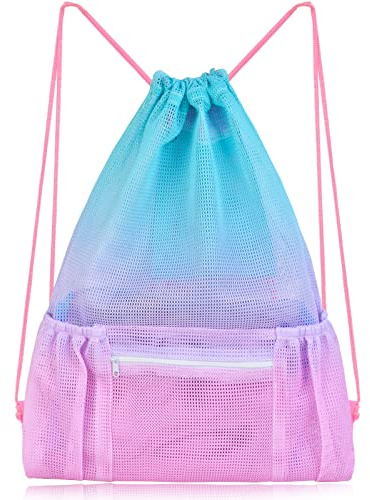 Nidoul Mesh Drawstring Bag with Zipper Pocket, Beach Bag for Swimming Gear Backpack Gym Storage Bag for Adult Kids (Pink Blue)