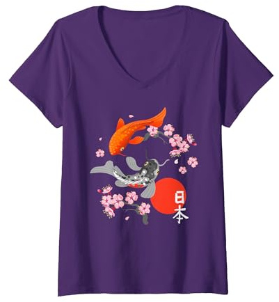 Femme Poisson Carpe koï Japonais Nishikigoi - Fleur de Cerisier Sakura T-Shirt avec Col en V