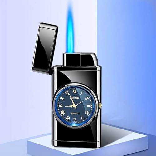 Luxus Gas Feuerzeug aus Metall. Mit Uhr. Winddicht, Nachfüllbar (SCHWARZ Glanz Ice)