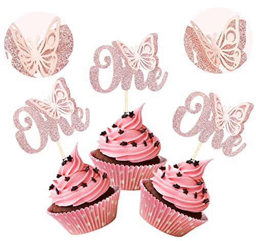 Gyufise 36Pcs Butterfly One Cupcake Toppers Rose Gold Glitter First Birthday 3D Butterfly Cupcake Picks Butterfly Theme Baby Shower Kids Boys Girls 1st Birthday Party Cake Decorations Supplies