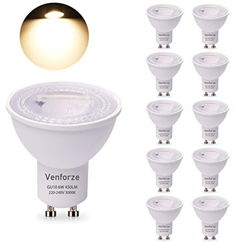 Venforze GU10 Led Bulbs Warm White, 6w 450LM 2700K Spotlight Bulbs, 38° Beam Angle Energy Saving GU10 Bulbs, Track Led Spotlight Bulbs AC220-240V, 50W Equivalent, Non-dimmable, 10Pack