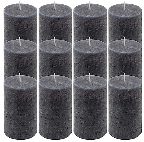 Rustik-Kerze Höhe 11,5 cm Ø 6,8 cm lange Brenndauer Rund-Kerze Säulenkerzen Kerzen-Deko Tafelkerzen Weihnachts-Kerzen Hochzeits-Deko (anthrazit, 12)