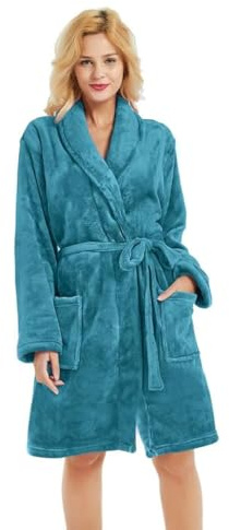 U2SKIIN Women Fleece Robe, Short Cozy Plush Robes for Womens Soft Shawl Collar Warm Spa Bathrobe(Blue Green, S/M)