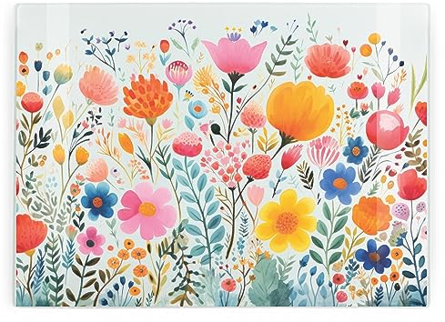 Watercolour Painted Glass Chopping Board - Rectangular Large Wildflowers Glass Worktop Protector - Smooth Board Kitchen Cutting Board Worktop Saver with Non-Slip Feet 39cm x 28.5cm (15 x 11)