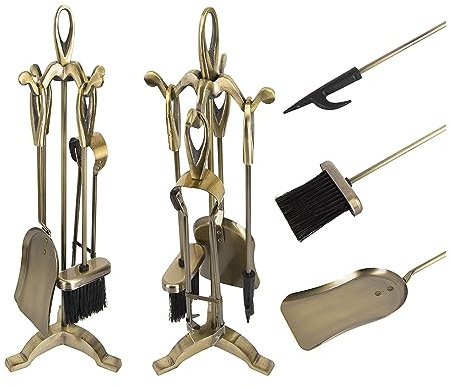 HUW - Kaminbesteck 5-teiliges Kamin-Set in Gold - 5 Stück: Stand - Bürsten - Poker - Schultern - Greifer - 21x19x61cm - Kaminwerkzeuge Sets - Kaminzubehör - Werkzeugset - Ständer - Feuerzange - Indoor