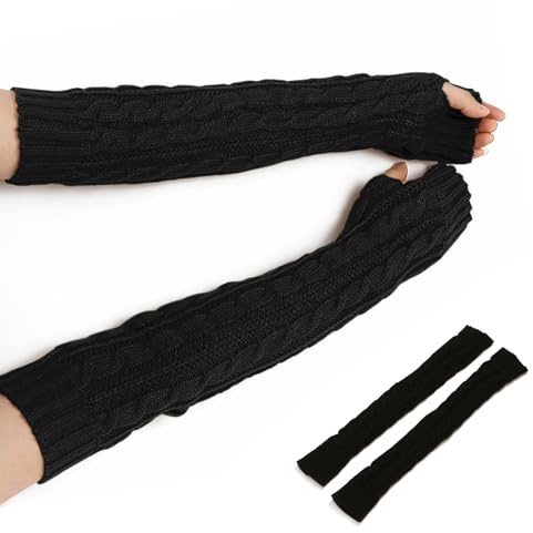 Andiker Frauen Armwärmer, 20.07'' Winter Warm Gestrickte Langarm Fingerlose Handschuhe mit Daumenloch Weiche Handschuhe Handgelenkwärmer für Frauen und Männer