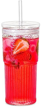 Tazza da tè freddo, tazza tumbler con coperchi, in vetro borosilicato alto 590 ml, con cannuccia, bicchiere in vetro con design a nastro, per tè a bolle, farina d'avena, succhi di frutta e frullati