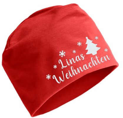 AngelicArt personalisierte Weihnachtsmütze, Beanie für Kinder mit Wunschnamen, für Jungs, Mädchen, Unisex aus Baumwolle/Jersey (Baumwolle, Weihnachtsbaum Rot)