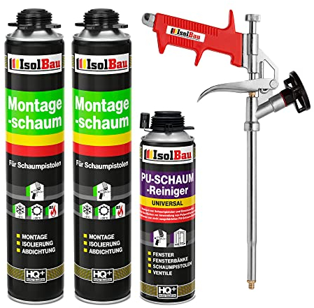 Isolbau Bauschaum-Set - Inkl. 2 x 1K Montageschaum B2 Pistolenschaum mit hervorragender Schall und Wärmedämmung (je 750 ml), 1 x PU-Schaum-Reiniger (500 ml) & 1 x Schaumpistole, Verfüllen