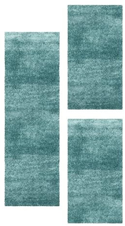 Carpetsale24 Bettumrandung Schlafzimmer 3teilig Shaggy Hochflor Teppich Blau Bettvorleger Schlafzimmer Bettset: 2 St. 60x110 cm | 1 St. 80x150 cm - Einfarbiger 50 mm Flauschiger Teppich Läufer Set