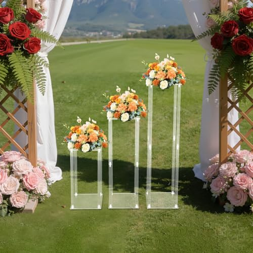MooBeey 3 Pcs Hohe Klare Blumenständer Rechteckige Blumensäule aus Acryl, Abnehmbar Geometrische Blumenregale Blumenboden Vase, Hochzeit Blumenvasen Säule Tafelaufsätze mit Acrylplatte (40/60/80 cm)