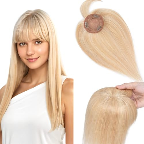 Elailite Hair Topper Echthaar, Toupet Damen mit langem Pony, Clip in Haarteil, Haartopper Basis 10x10cm (keine Zeile), 40cm #18P613 Honigblond/Hellblond