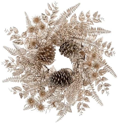 Hollyone 40cm Weihnachtskranz Türkranz, Champagner Gold Deko Kränze für Haustür, Künstliche Kränze mit Tannenzapfen, Farn, Beeren, Winter Tischkränze für Weihnachtsdeko, Advent, Feiertagsdekoration