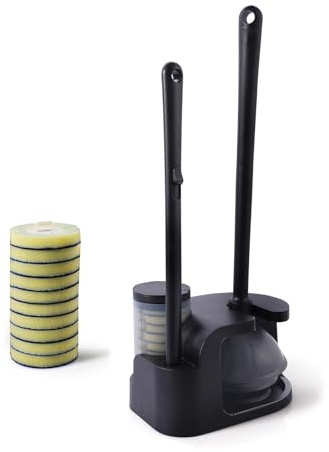 Eyliden Disposable Toilet Brush and Plunger Combo, Wand Set with 10pcs Refill Heads and Storage Caddy, Compact Toilet Cleaning System (Black) | Pre-Soaked Concentrated Cleaner Sponge, Touch-Free, 2-in-1 Compact Holder, Powerful Suction Cup, Bathroom Cleaning System
