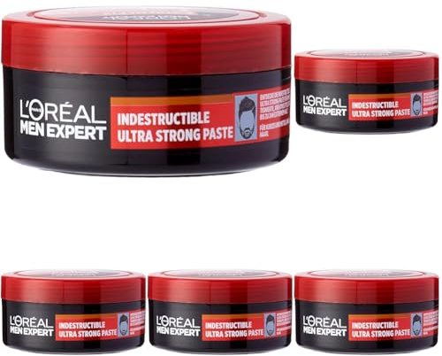 L'Oréal Men Expert Haarstyling Paste für Männer, Für auffallend kreative Styles mit bis zu 24h extrem starker Halt, Extreme Fix Indestructable Ultra Strong Paste, 1 x 75 ml (Packung mit 5)