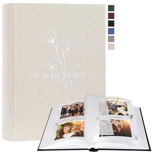 Lanpn Fotoalbum zum Selbstgestalten Einkleben, Kleines OUR MEMORIES Leinen Fotobuch 100 weißen Seiten mit Pergamin Trennblätter Fasst 9x13 10x15 13x18cm Fotos (19x27 cm, Beige)