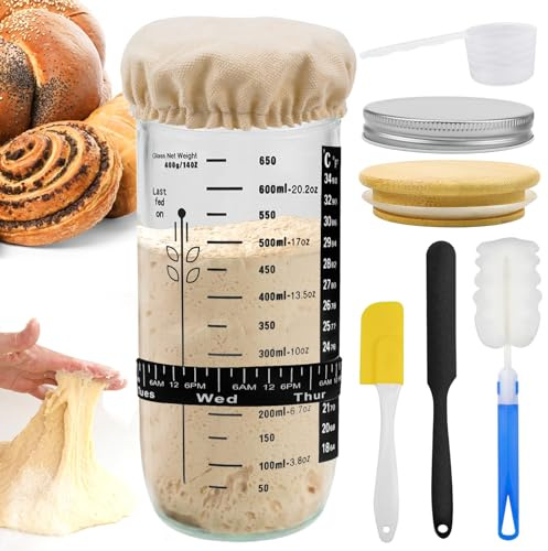 Raxfekro Kit de démarrage pour levain, verre de démarrage avec capuchon en aluminium, bande élastique, papier thermomètre, spatule en silicone, chapeau en tissu, étiquette pour la cuisson du pain au