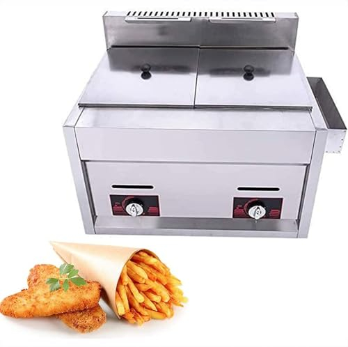 QIANMEI Friggitrice Commerciale Leggera, Friggitrice A Gas Professionale, Friggitrice da Appoggio 2 * 10 L, Doppio Cilindro in Acciaio, Serbatoio Singolo con Cestello sul Coperchio