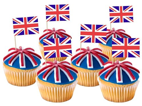 Xsstarmi 100 Pcs Mini UK Flags Cupcake Toppers Double Sided British Sandwich Flags Food Cupcake Picks Small Union Jack Flags Cake Decorations for King's Coronation BBQ Royal Event Party Supplies