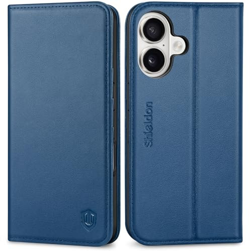 SHIELDON Genuine Leather Wallet Case for iPhone 16 6.1 2024, Royal Blue