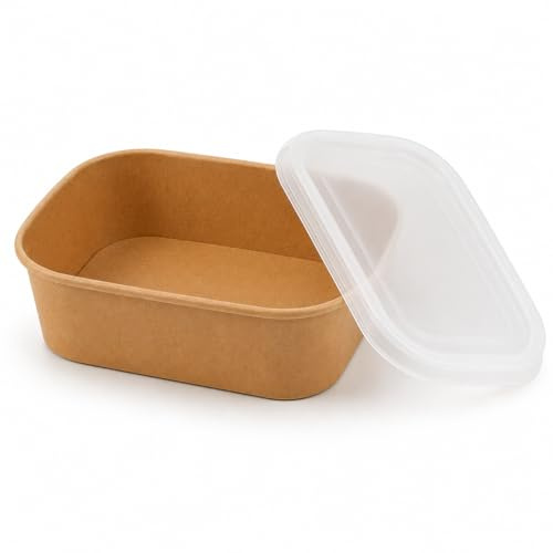 Arredo Chef – Lot de 50 Barquettes Kraft Alimentaires Rectangulaires 750 ml Couvercles en PP – Boîtes Repas Carton Épais 320g Anti-Graisse pour Vente à Emporter, Salades, Poké, Traiteur