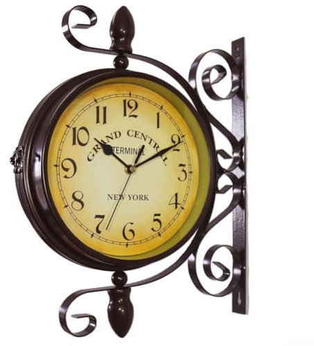 Besttoolifes Orologio da parete double face, stile antico, orologio da parete con design in ferro battuto, orologio da giardino in stile retrò per stazione ferroviaria, corridoi o giardini