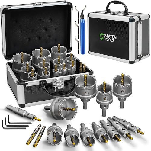 Tungsten Carbide Hole Saw Kit 22 Pcs – Carbide Hole Saw Set 9/16 to 2-1/8 for Metal, Stainless Steel, Wood – Includes 2 Drill Bits, Deburring Tool, 4 Blades, 3 Allen Wrenches – Industrial & DIY Use