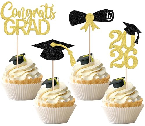 Xsstarmi 24 Pack Congrats Grad Cupcake Toppers Glitter Graduation Hat Diploma Done Cupcake Picks Class of 2026 Cake Decorations for 2026 Graduation Theme Party Supplies Black Gold