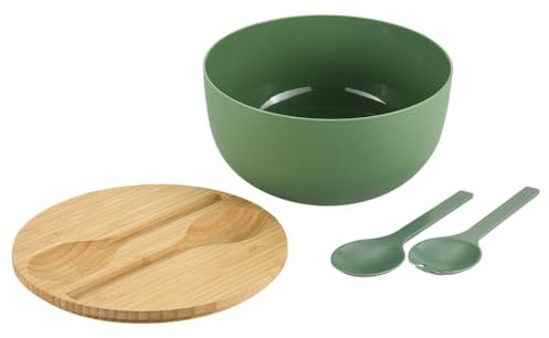 Kesper - Set di insalatiera con posate per insalata, materiale: plastica (PP), bambù, dimensioni: D 24 x H 13 cm, colore: verde, marrone - 58471