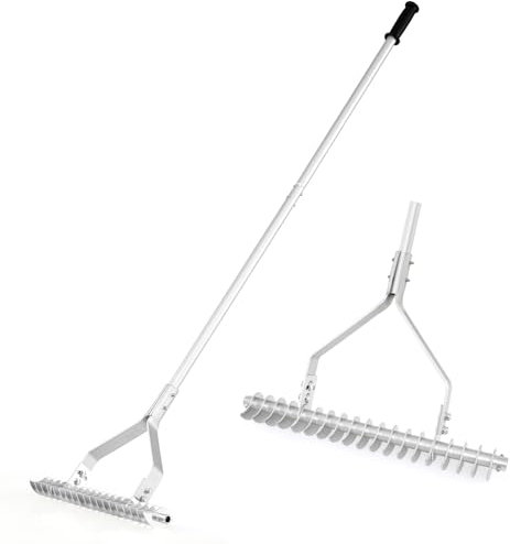 COSTWAY Arieggiatore per Prato 178 cm, Rastrello per Allentare Suolo da 50 cm in Alluminio con Manico Lungo e 19 Denti Curvi, Arieggiatore Manuale da Giardino e Cortile