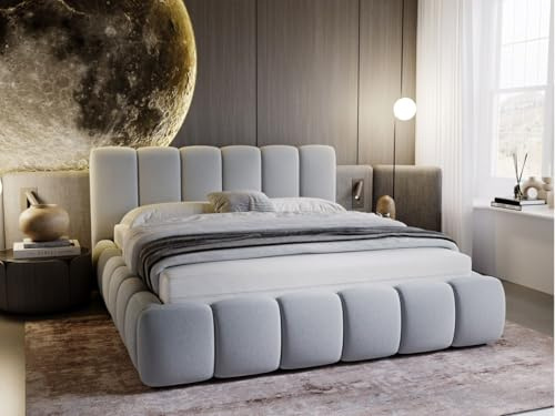 GRAINGOLD Cloud Bett 140x200, Polsterbett mit Bettkasten, Polsterbett mit Stauraum, Samt, mit Lattenrost, mit Kopfteil, ohne Matratze (Hellgrau, 140x200)
