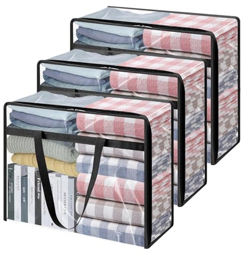 Pryzmax 3 Pezzi Scatole per Armadio, Scatoloni Trasloco, Contenitori Sottoletto, Scatole Trasparenti, Sacchetti per Traslochi con Cerniere per Coperte, Camping, Giocattoli e Biancheria da Letto(40L)