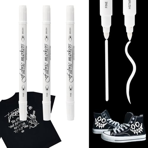 Nurila 3 Stück Weiß Textilstifte Waschmaschinenfest, Stoffmalstifte Waschfest, Doppelkopf Textilmarker, Stoffstifte Waschmaschinenfest für T-Shirts, Hut, Segeltuchschuhe, Einkaufstasche