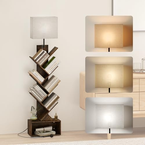 Quikraen Tree Bookshelf with LED light, Wooden Tree Bookcase with Open Storage Cabinet, 6-Tier Industrial Style Book Shelves for Living Room Bedroom (Rustic Brown)