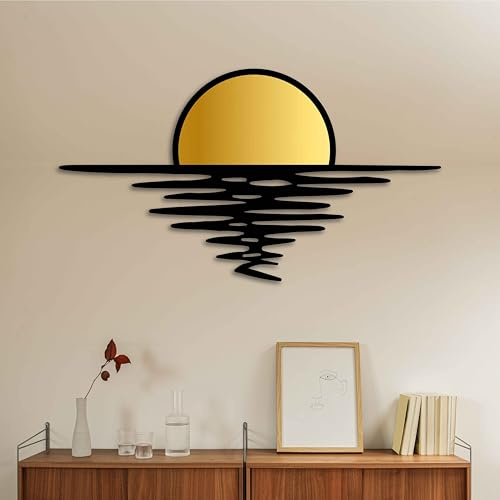 KAWA METALWORKS Wandkunst, Motiv: Sonnenuntergang, goldfarben und schwarz, Metall, abstrakter Sonnenaufgang, Heimdekoration, große Metall-Wanddekoration über dem Sofa oder über dem Bett
