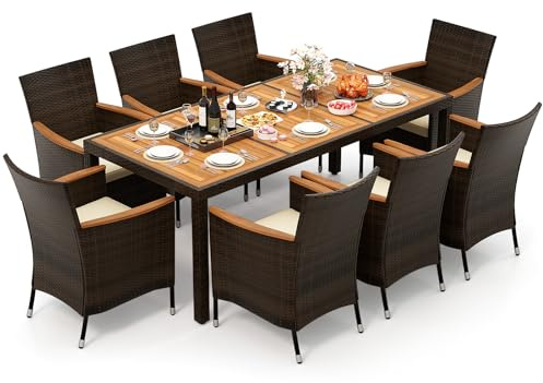 COSTWAY 9 TLG. Rattan Gartenmöbel Set, Sitzgruppe für 8 Personen, Gartentisch mit Tischplatte aus Akazienholz, 8 Stühle & Kissen, Terrassenmöbel Set, Gartengarnitur, Sitzgarnitur, Essgruppe