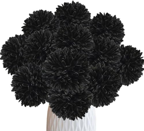 XoeLLe 12 flores artificiales de crisantemo, flores falsas de tallo largo, flores artificiales decorativas para tumbas, decoración del hogar, sala de estar, interior, jardín, arreglo floral (negro)