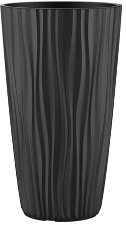 Engelland Pflanzkübel mit Einsatz, Blumentopf mit Wasserspeicher & 3D Struktur, hoch & rund, modern & frostfest, robust & langlebig, für Innen & Außen, Kunststoff, Ø 28 x H 49 cm, Schwarz