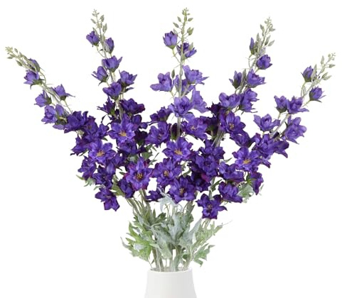 IPOPU 37 Purple Delphinium Artificial Flowers 5PCS Real Look Flocked Faux Delphinium Long Stem Silk Larkspur Snapdragon Flowers for Wedding & Home Decor(Dark Purple)