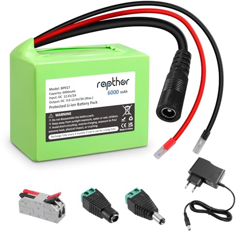 Rapthor Batería de Carga de 6000 mAh 12 V CC para batería de Iones de Litio con Cargador de 6 Ah y Conector DC5521 para Router, cámaras CCTV, Tiras de LED, vehículos RC, Herramientas de Bricolaje y