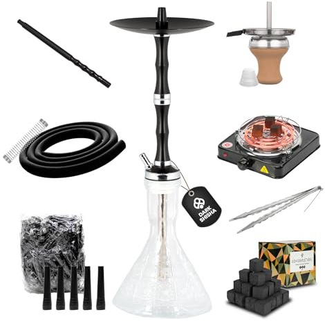 Cachimba Dark Shisha Eclipse 60 cm + 1 kg Carbón Cocobration 26 mm + Hornillo Eléctrico 1000W con Cesta + 100 Boquillas Desechables Negras | Set Completo Premium