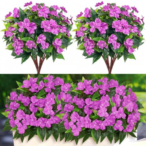 4 Bundles Artificial Flowers Outdoor Decoration, Purple Impatiens Fake Flowers Plants, No Fade Fake Plastic Faux Silk Flowers, UV Resistant Faux Plants for Garden Porch Window Box Planters Decor