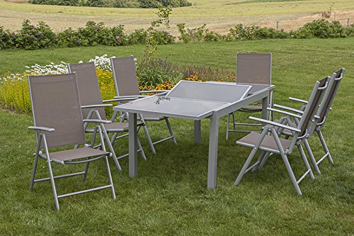 MERXX 7tlg. Amalfi Set, 6 Amalfi Klappsessel, Rückenlehne 5-Fach verstellbar, 1 Ausziehtisch, 140 (200) x 90 cm, Taupe