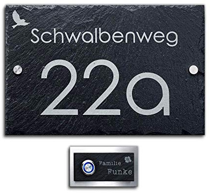 Schiefer Set Klingelplatte + Hausnummer mit Gravur Türklingel inkl. LED Taster