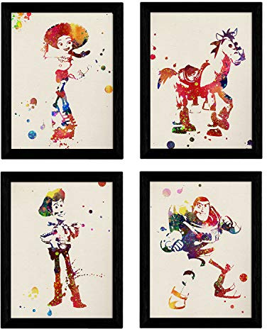 Nacnic 4 Toy Story Postern. Wasserfarbe Stil Wanddekoration mit den geliebten Toy Story Figuren. Farbige Illustrationen von Kinderfilmen. A3 ohne Rahmen.