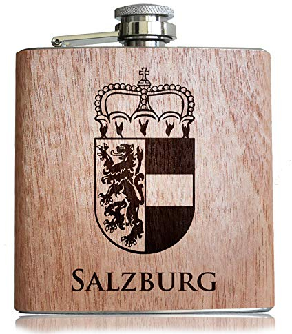 Pixelstudio Salzburg Holz Flachmann mit hochwertiger Gravur und Wappen | Geschenk für Salzburger Patrioten