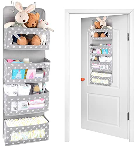 Vesta Baby Over Door Hanging Organiser with Hooks - Unisex Space Saving 4 Pocket Storage for Bathroom, Children's Room, Nursery - Clear Window Caddy Hanger - 2 Small Items Utility Pockets